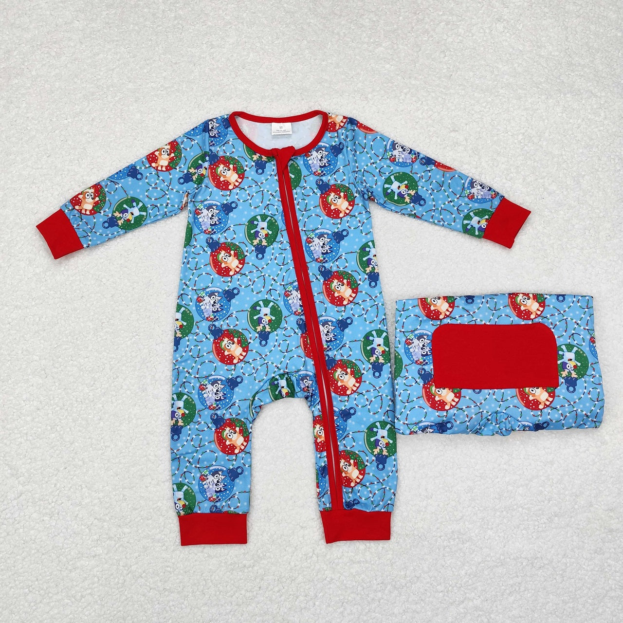 Boys Girls Long Sleeves Dogs Sibling Christmas Zipper Romper Pajamas Set Blue Clothes RTS
