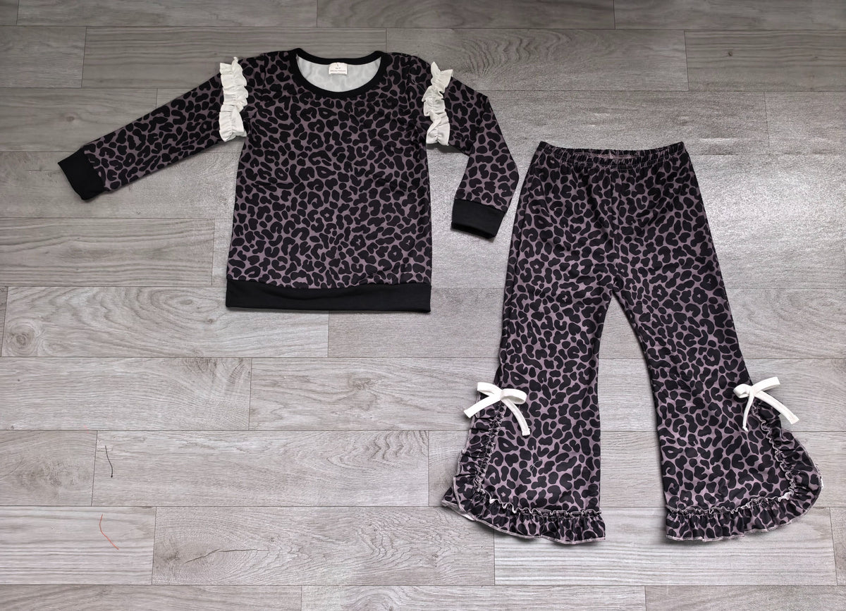 ( No moq ) Preorder Baby Girls Kids Long Sleeves Leopard Shirt Bows Ruffle Pants Black Set Clothes