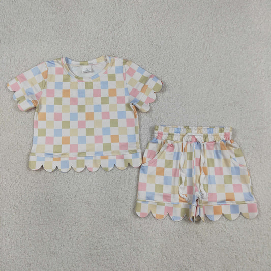 Baby Girls Kids Short Sleeves Colorful Checked Shirt Shorts Summer Set RTS