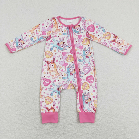 LR0886 Valentine's Day Baby Girl Long Sleeves Dogs Hearts Zipper One Piece Romper