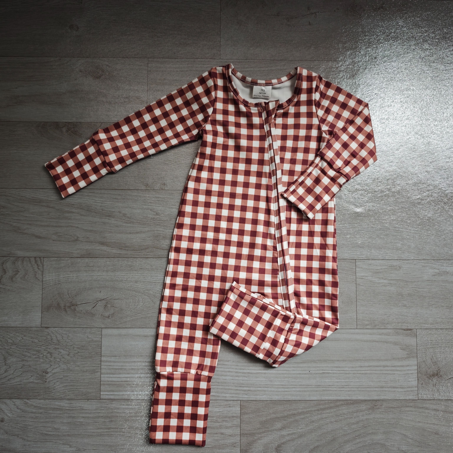 ( No moq ) Preorder Baby Boys Kids Long Sleeves Brown Plaid Zipper Footie Sleeper Romper Clothes