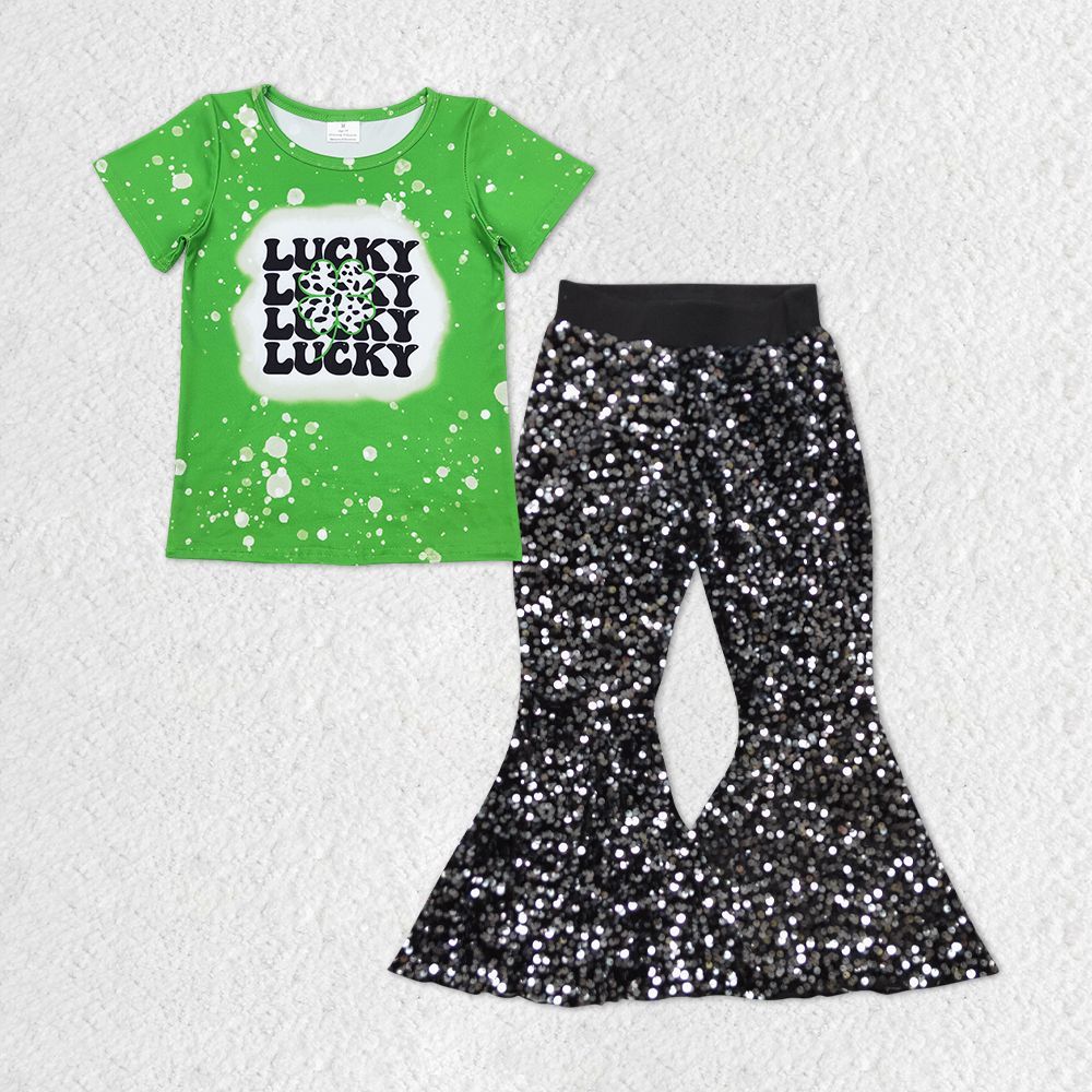 GSPO1299 Baby Girl St. Patrick's Day Green Shirt Sequins Pants Set