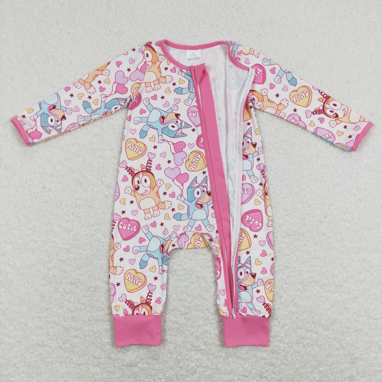 LR0886 Valentine's Day Baby Girl Long Sleeves Dogs Hearts Zipper One Piece Romper