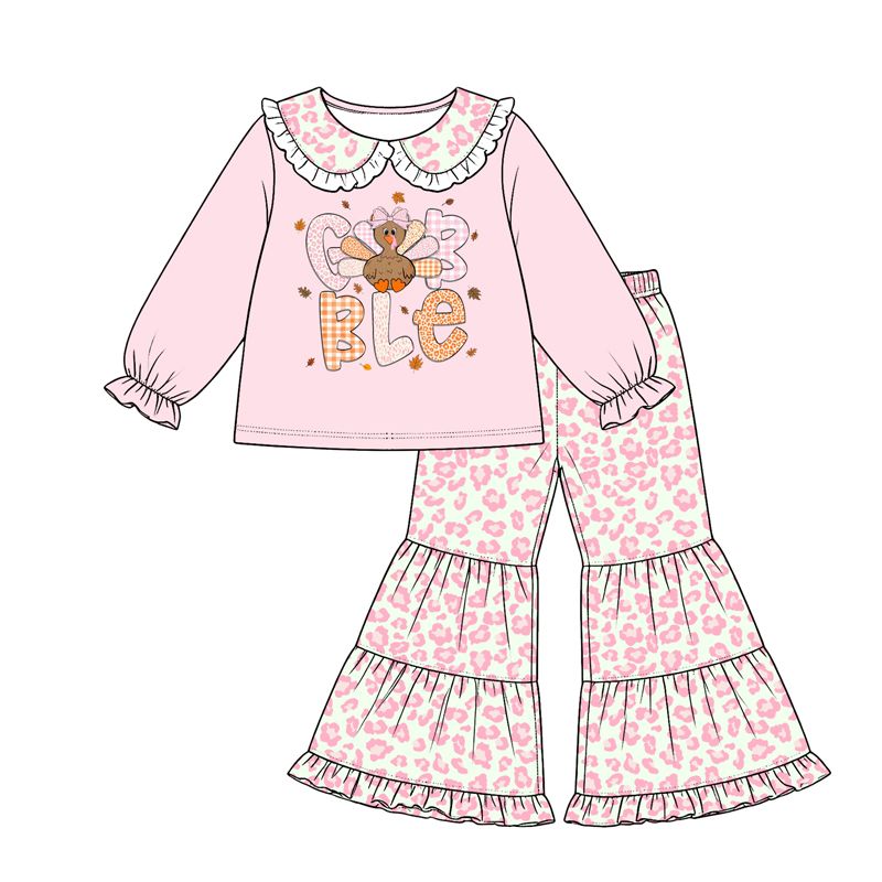 ( Moq 5 ) Preorder Baby Girls Kids turkey Bows Pink Tops Leopard Pants Thanksgiving Set Clothes