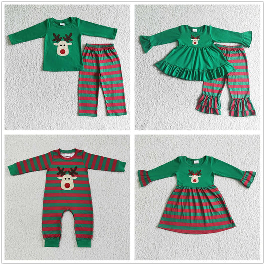 Baby Girl Long Sleeves Embroidery Deer Stripes Sibling Christmas Romper Dress Clothes Set