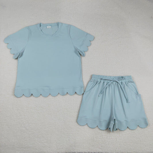 Adult Women Blue Short Sleeves Shirt Scallop Shorts Pajamas Clothes Cotton Set RTS