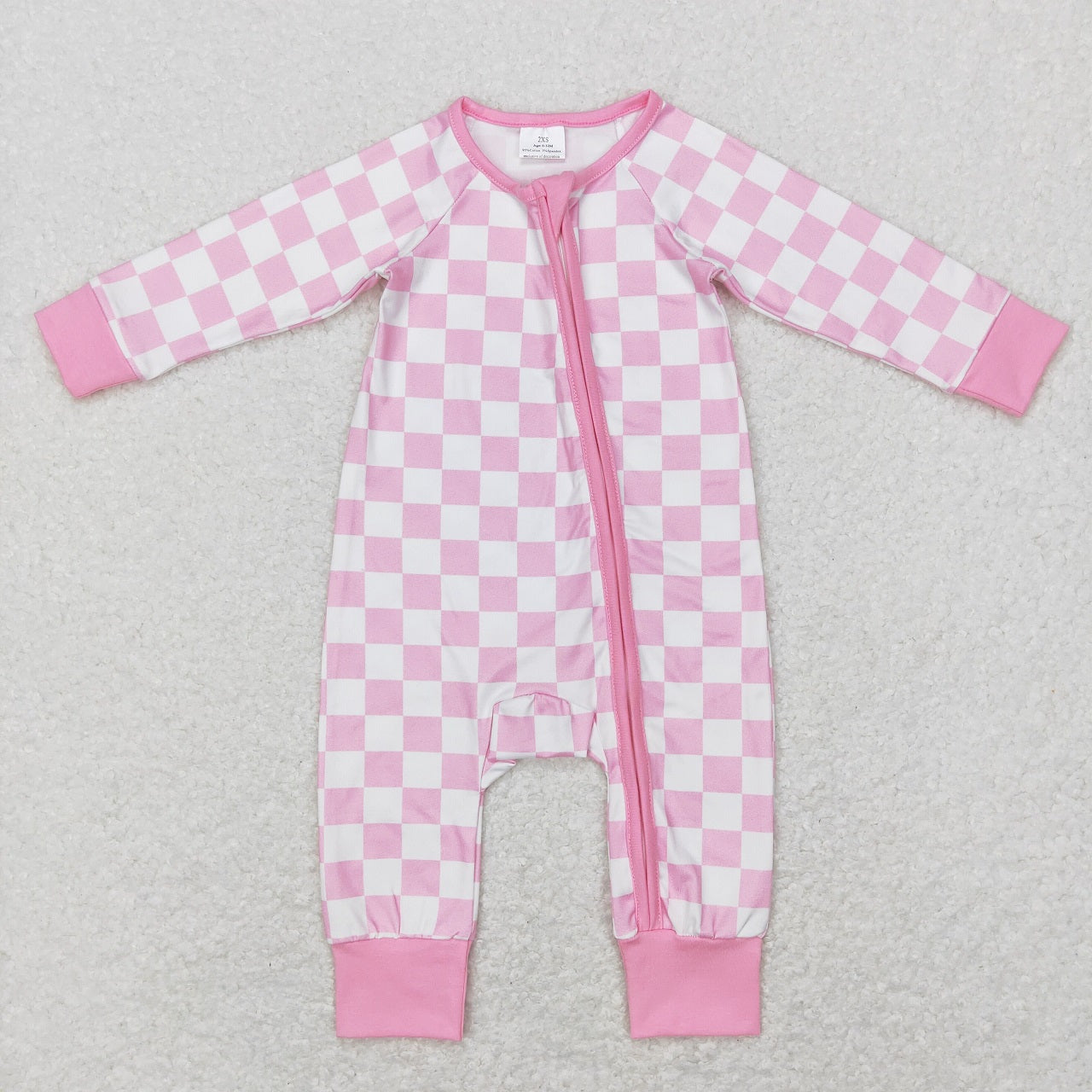 LR0810 Baby Girl Long Sleeves Pink Checkered Zipper One Piece Romper