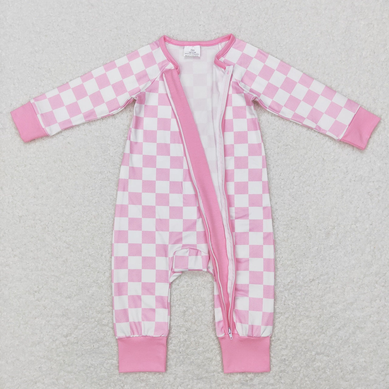 LR0810 Baby Girl Long Sleeves Pink Checkered Zipper One Piece Romper