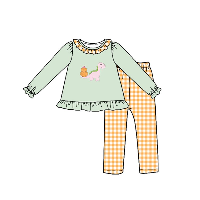 ( Moq 5 ) Preorder Baby Girls Kids Long Sleeves Pumpkins Dinosaur Tunic Plaid Pants Thanksgiving Set Clothes