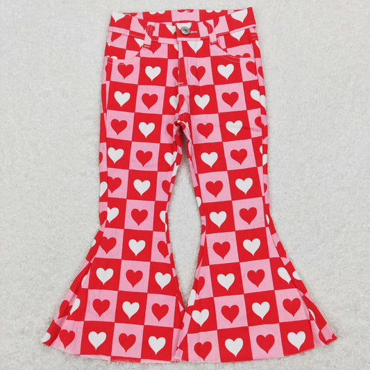P0324 Valentine's Day Baby Girl Hearts Plaid Denim Jeans Bell Pants