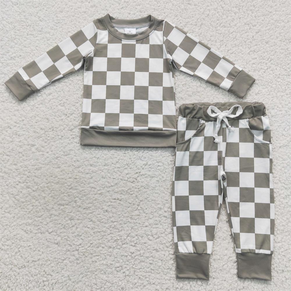 Promotion Baby Boy Kids Long Sleeves Shirt Pocket Pants Green Checked Outfit