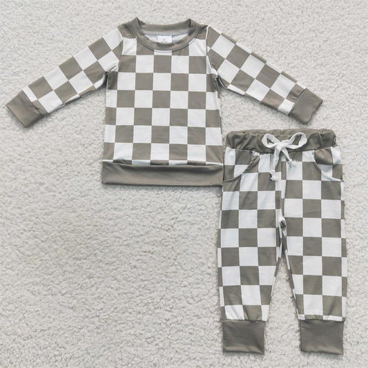 Promotion Baby Boy Kids Long Sleeves Shirt Pocket Pants Green Checked Outfit