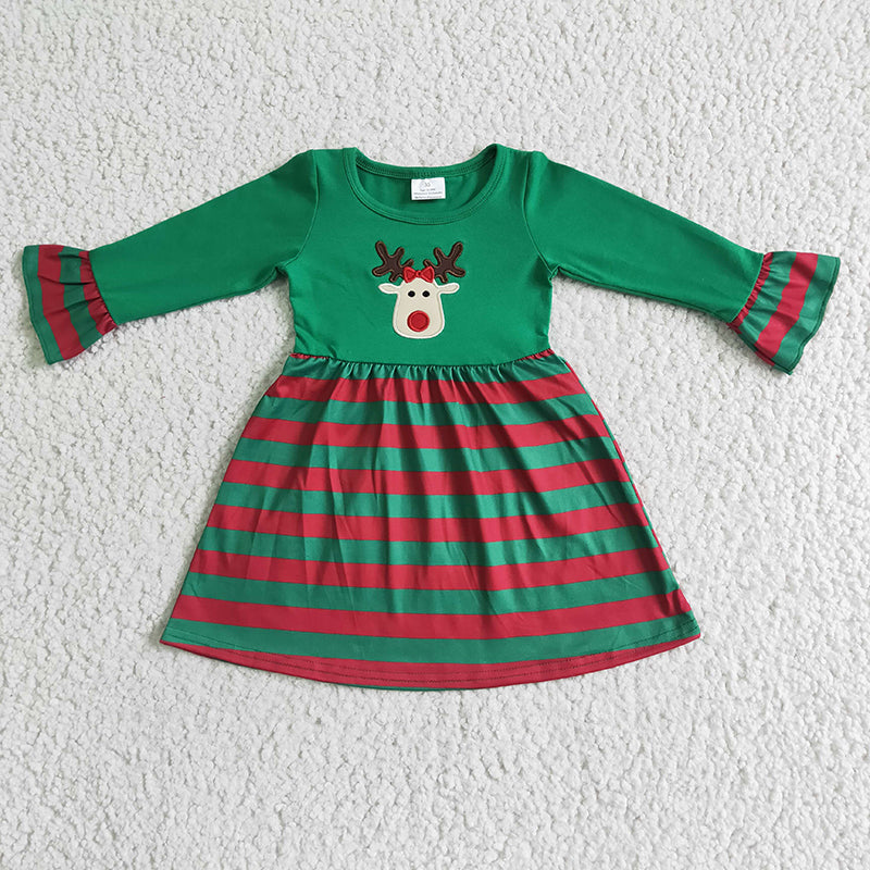 Baby Girl Long Sleeves Embroidery Deer Stripes Sibling Christmas Romper Dress Clothes Set
