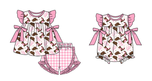 Baby Girl Bows Western Boots Hats Sibling Romper Set ( Moq 5 Each Style ) 2.11