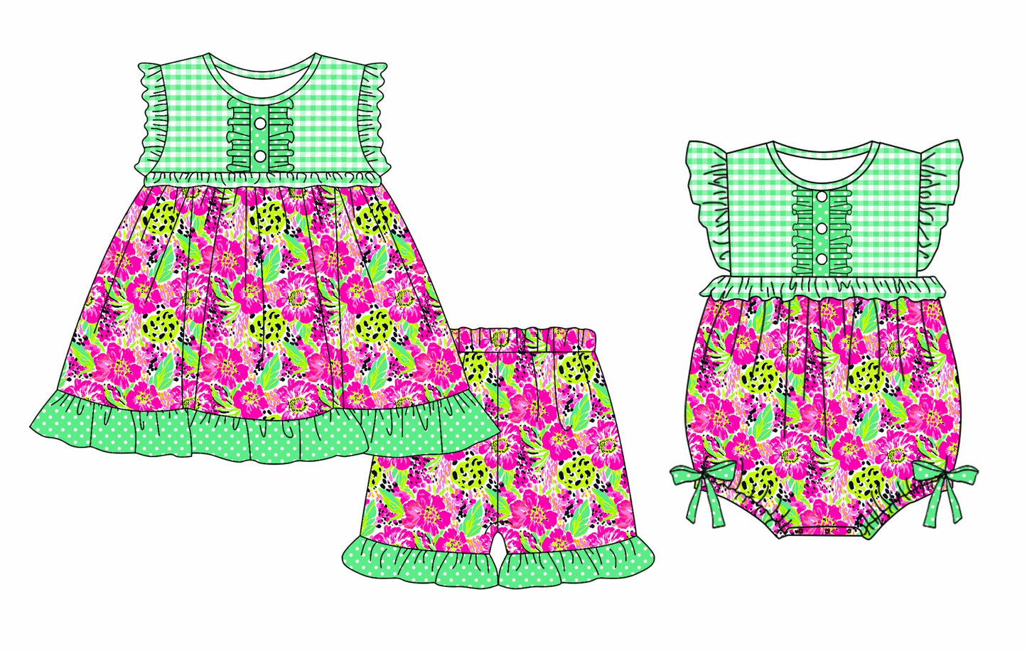 Baby Girl Flower Green Checked Sibling Romper Set ( Moq 5 Each Style ) 3.13
