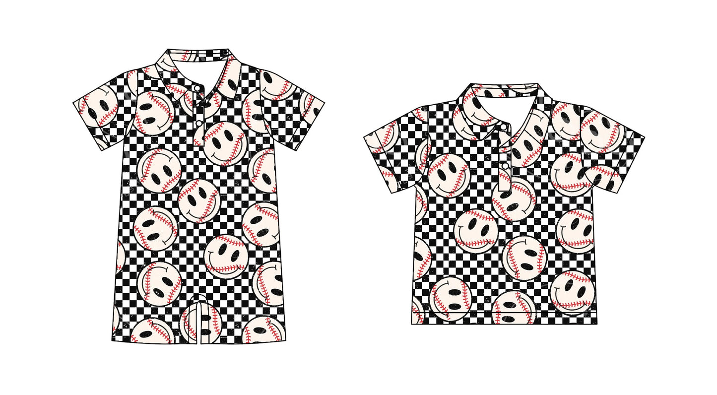 Baby Boy Short Sleeves Baseball Smile Checked Sibling Romper Shirt ( Moq 5 Each Style ) 3.20