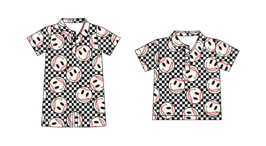 Baby Boy Short Sleeves Baseball Smile Checked Sibling Romper Shirt ( Moq 5 Each Style ) 3.20
