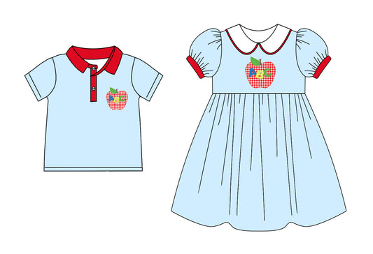 Baby Boy Girl Back To School Apple Blue Sibling Dress Shirt ( Moq 5 Each Style ) 2.12