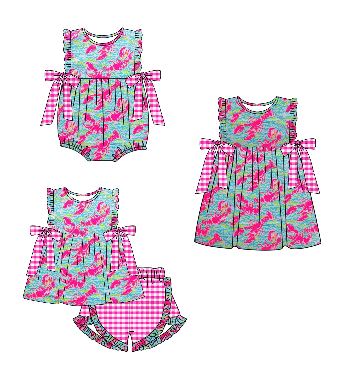 Baby Girl Sleeveless Crawfish Plaid Sibling Romper Dress Set ( Moq 5 Each Design ) 12.13
