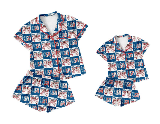 Baby Girl Adult Women Short Sleeves 4th Of July Bows Sibling Pajamas Set ( Moq 5 Each Style ) 3.18