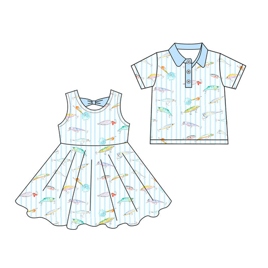 ( Moq 5 Each Style ) Sibling Baby Boys Girls Kids Fishing Stripes Shirt Dress Clothes