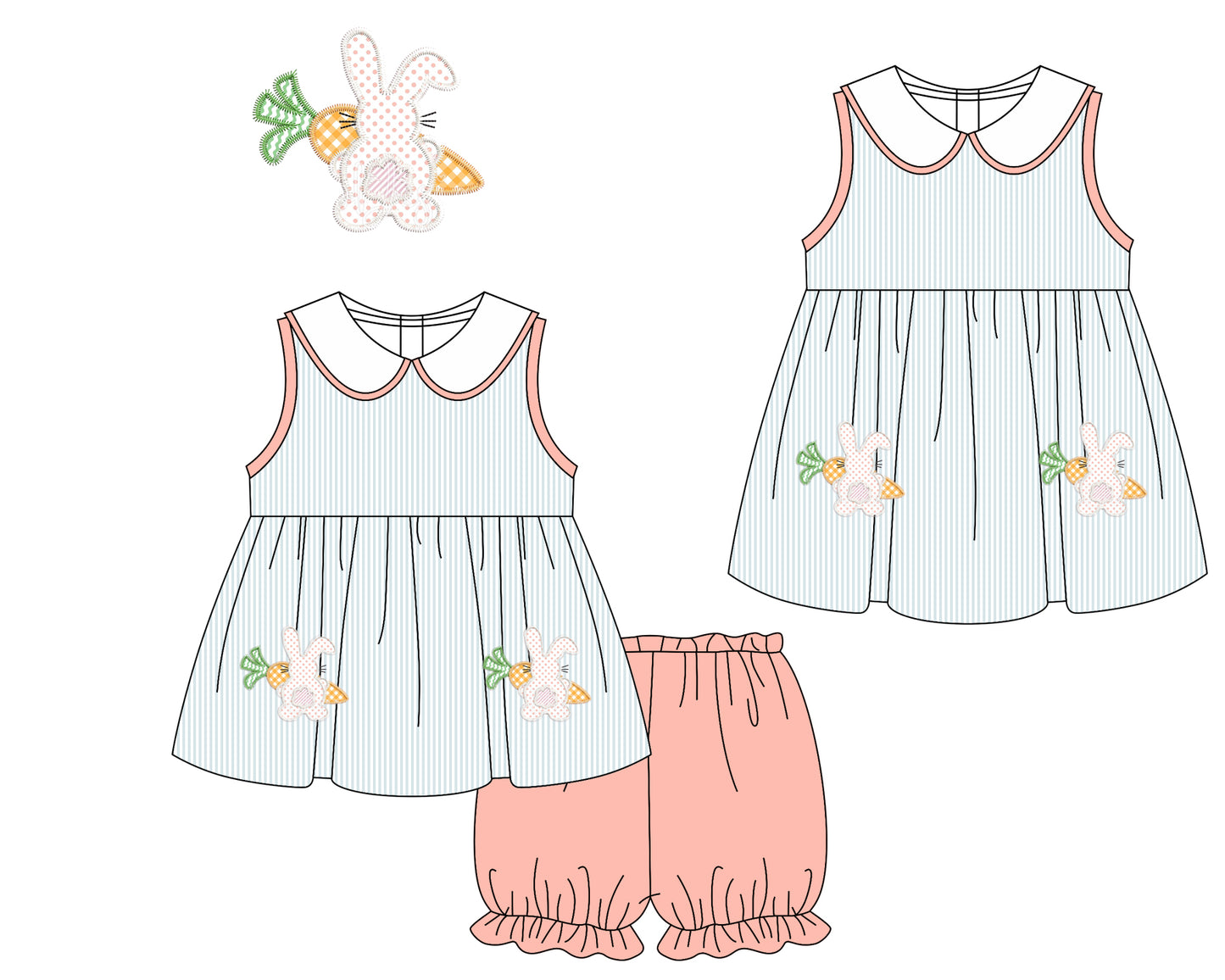Baby Girl Easter Carrots Rabbits Sibling Sleeveless Dress Clothes Set ( Moq 5 Each Design )11.21