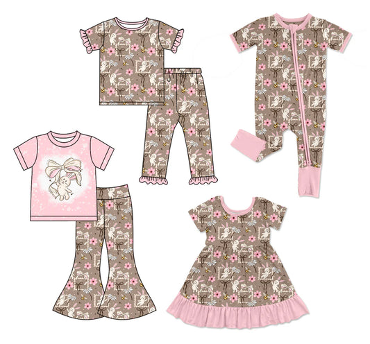 ( Moq 5 Each Style ) Baby Girls Kids Rabbits Bows Flower Sibling Orange Romper Dress Sets