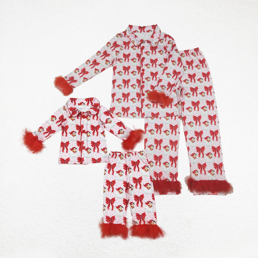 Sibling Girls Kids Adult Woman Red Fur Bows Santa Buttons Pajamas Mama and Me Family Christmas Set RTS