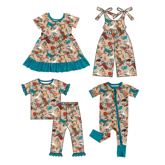 Baby Girl Western Flower Cow Boots Sibling Romper Dress Set ( Moq 5 Each Style ) 12.26