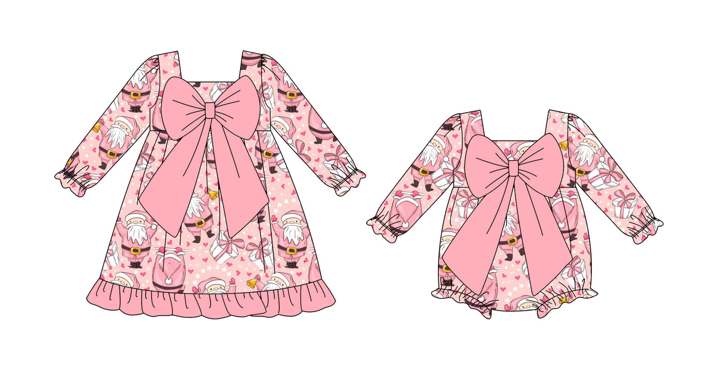 ( Moq 5 Each Style ) Baby Kids Toddler Santa Christmas Pink Bows Sibling Romper Dress