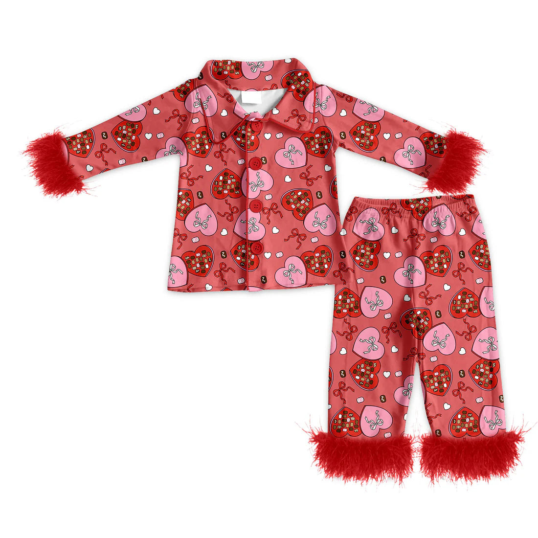 ( Moq 5 ) Baby Girls Fur Long Sleeves Hearts Bows Buttons Shirt Pants Valentines Pajamas Set