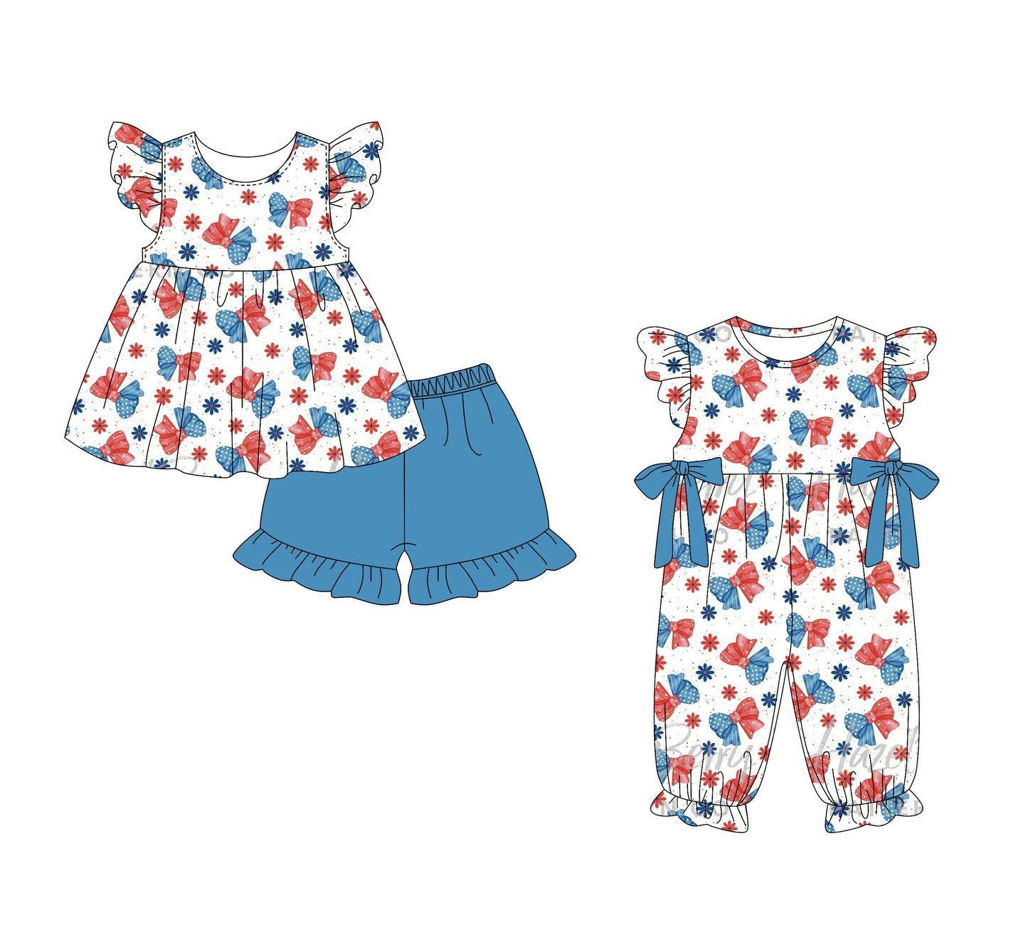 Baby Girl July 4th Bows Sibling Romper Set ( Moq 5 Each Style ) 1.15