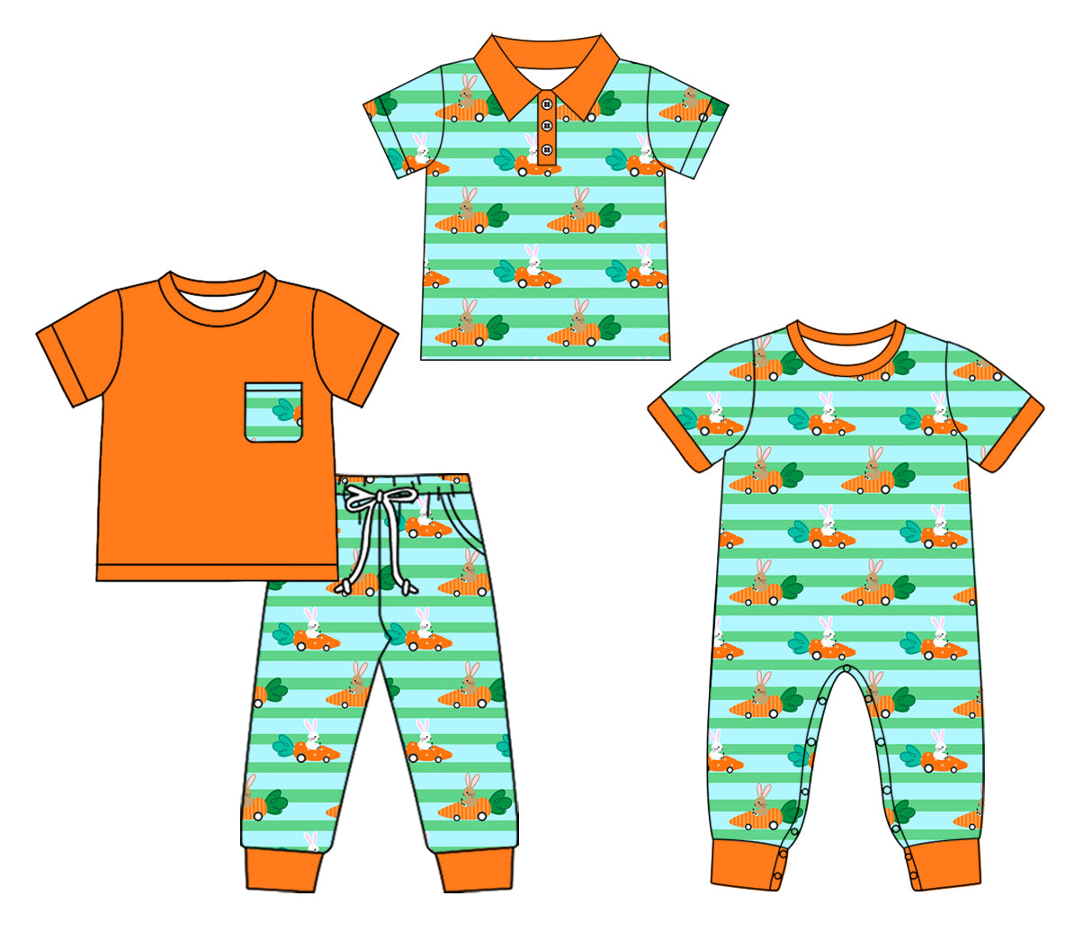 ( Moq 5 Each Style ) Baby Boy Short Sleeves Carrots Rabbits Easter Sibling Romper Shirt Set