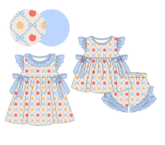 ( Moq 5 Each Style ) Sibling Baby Girls Kids Back to School Short Sleeves Blue Bows Dress Set
