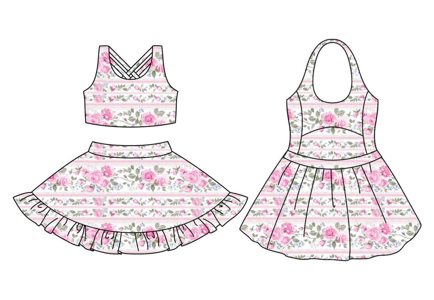 ( Moq 5 Each Style ) Baby Girl Sleeveless Pink Flower Sibling Skort Dress Set 3.22