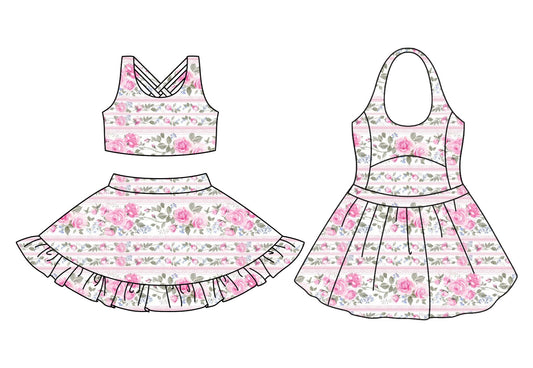 ( Moq 5 Each Style ) Baby Girl Sleeveless Pink Flower Sibling Skort Dress Set 3.22