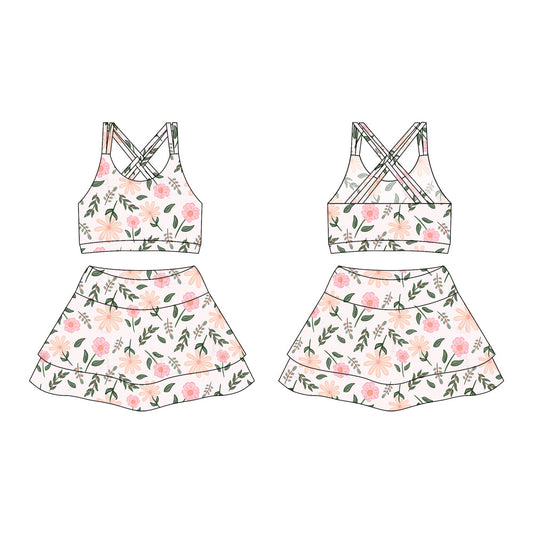 ( moq 10 ) Baby Girl Straps Pink Flower Activity Wear Vests Tops Shorts Skirts Yoga Set