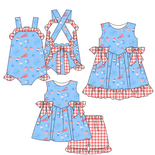 Baby Girl July 4th Flags Crawfish Sibling Romper Dress Set ( Moq 5 Each Style ) 2.18