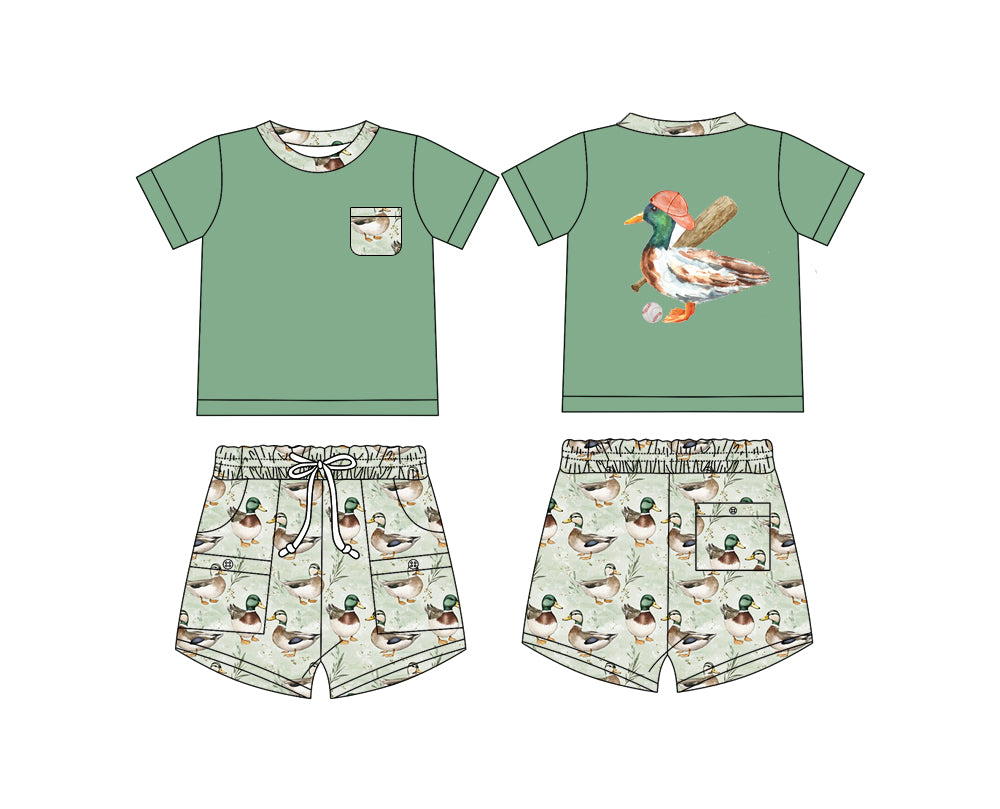 Baby Boy Short Sleeves Ducks Green Shirt Pockets Shorts Set ( Moq 5 ) 12.9