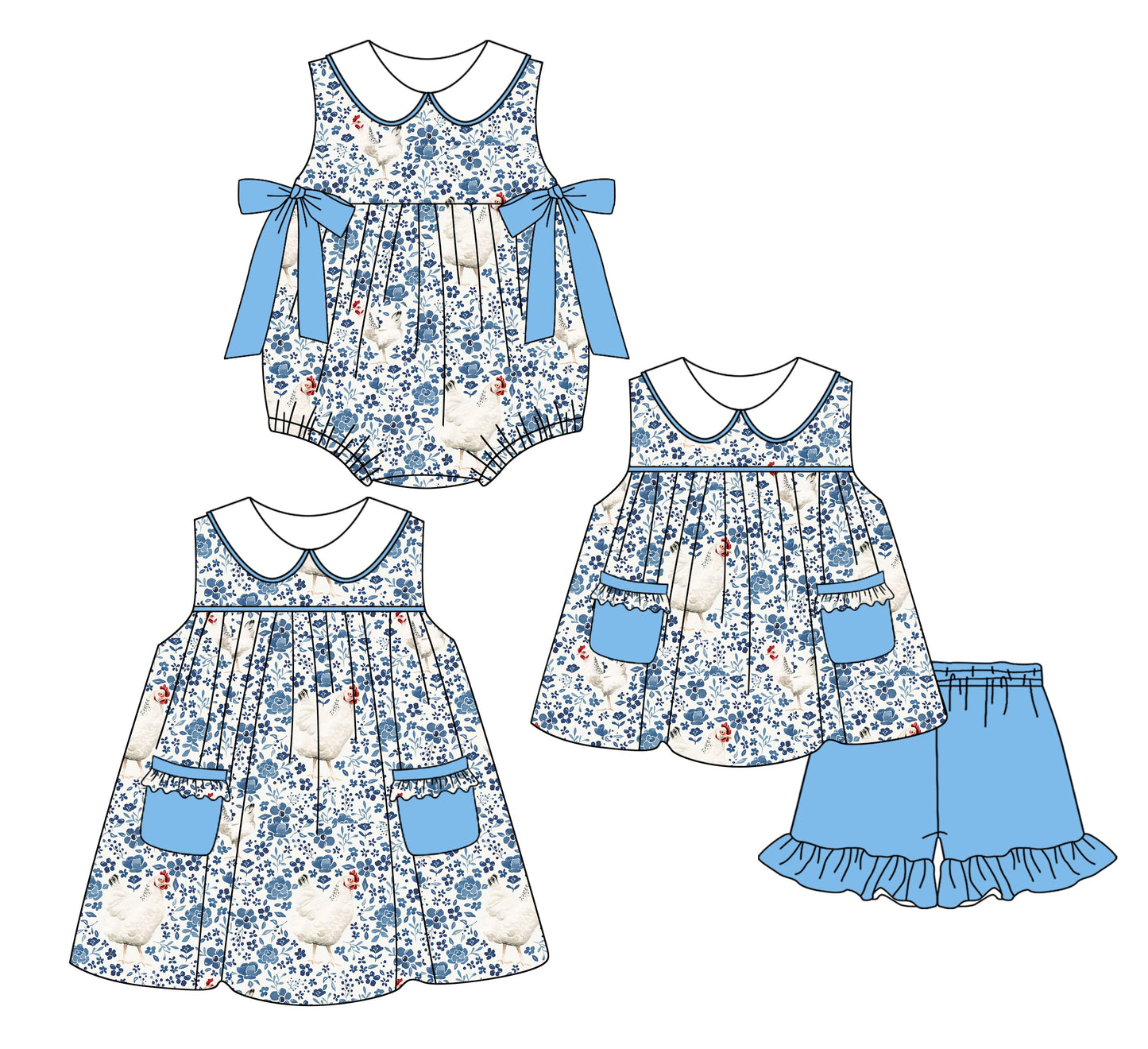 Baby Girl Blue Bows Flower Chicken Sibling Romper Dress Set ( Moq 5 Each Style ) 2.24