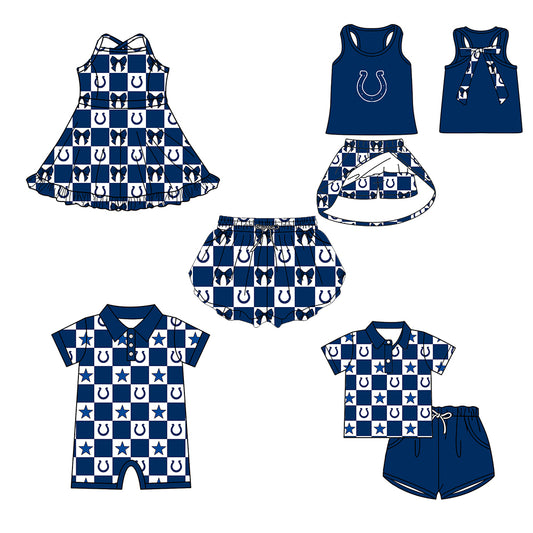 ( Moq 5 Each Style ) Baby Boys Girls Toddler Blue Bows Team Sibling Shorts Dress Sets Clothes