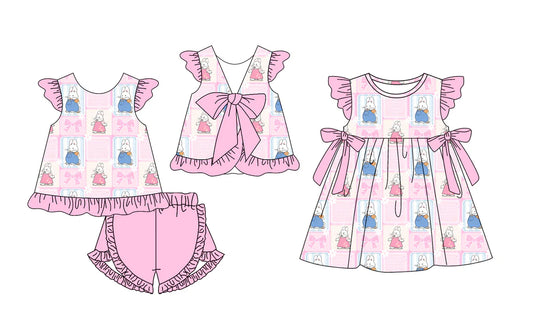 ( Moq 5 Each Style ) Baby Girls Kids Short Sleeves Rabbits Bows Sibling Easter Pink Dress Set