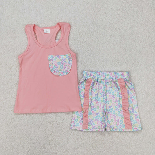 Baby Girl Sleeveless Pocket Bow Pink Vest Ruffle Leopard Shorts Clothes Set RTS