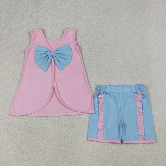 Baby Girls Pink Sleeveless Blue Bows Tops Ruffle Shorts Set Clothes RTS