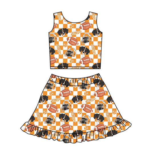 ( Moq 5 ) Baby Girls Kids Sleeveless Dogs Plaid Football Tops Shorts Skirt Team Clothes Set