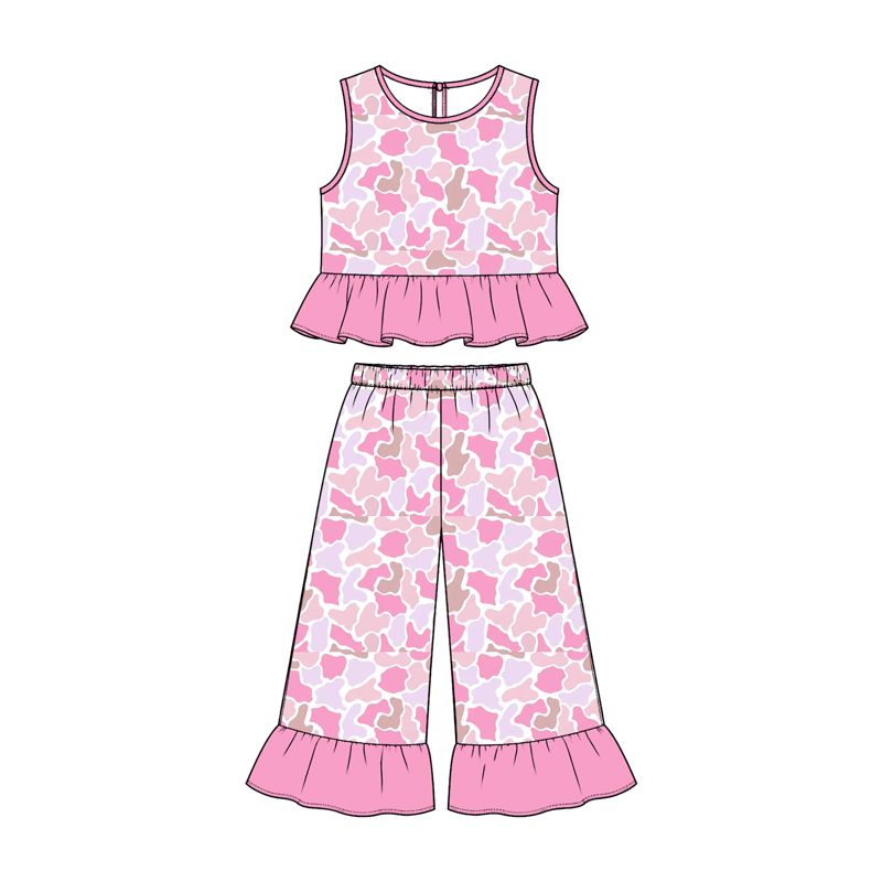( Moq 5 ) Preorder Baby Girls Kids Sleeveless Camo Shirt Ruffle Pants Set Pink Clothes