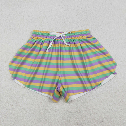Adult Women Mardi Gras Stripes Yoga Active Ruffle Shorts Bottom RTS