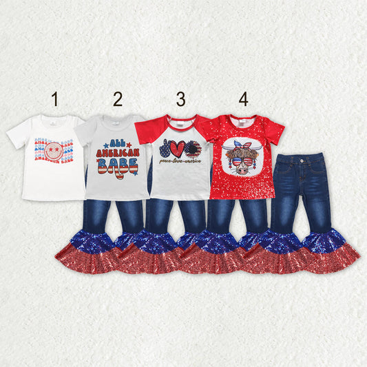 Sibling Baby Girls Kids Short Sleeves Shirts Denim Bell Pants 4th of July Clothes Sets RTS