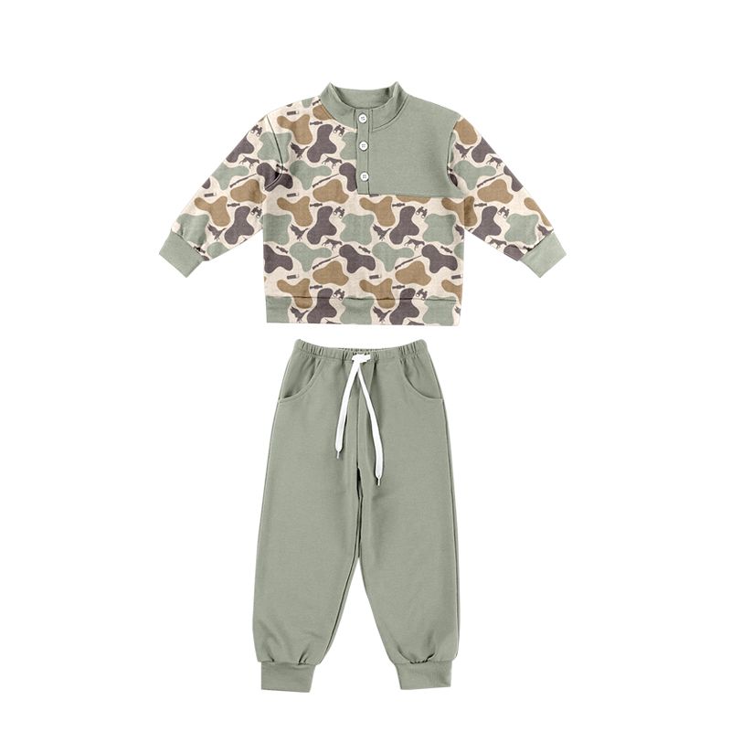 ( Moq 5 ) Preorder Baby Boys Kids Ducks Dogs Buttons Shirt Pockets Pants Camo Set Clothes
