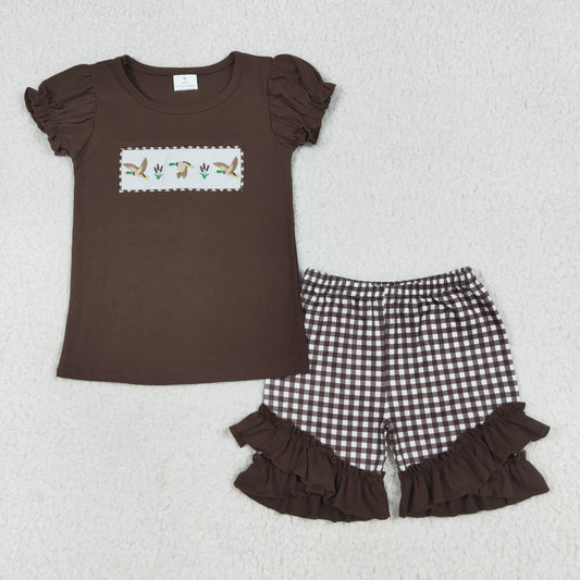 Baby Girl Short Sleeves Embroidery Ducks Brown Shirt Ruffle Plaid Shorts Set RTS